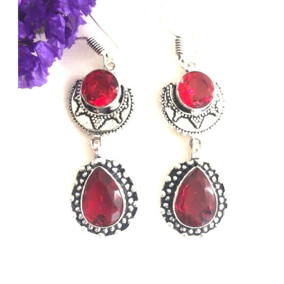 925 Sterling Garnet Dangle Earrings - Picture 1 of 5